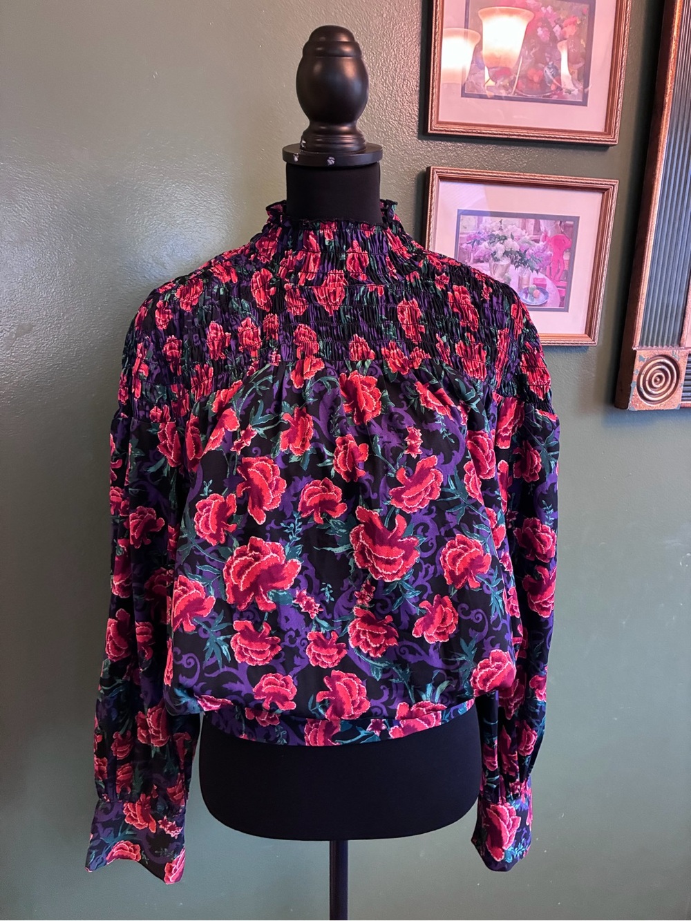 Calligraphie Smocked High-Neck Floral Blouse size Large